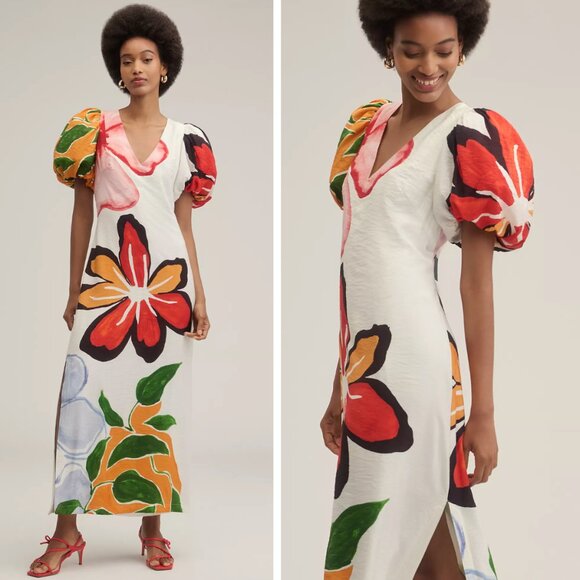 NEW Anthropologie Puff-Sleeve A-Line Maxi Dress Ivory Resortwear Tropical Boho - Picture 1 of 9
